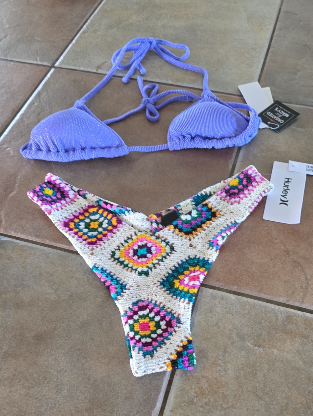 Hurley Lilac Triangle Bikini Top with Multicolor Crochet Bottom